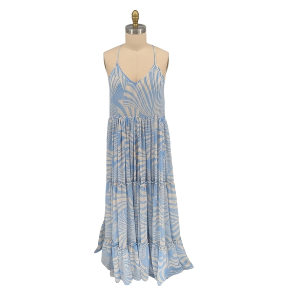 01584 Misa Striped Zebra Chiffon Maxi Dress Blue Ivory Size Medium bohemian - Picture 1 of 7